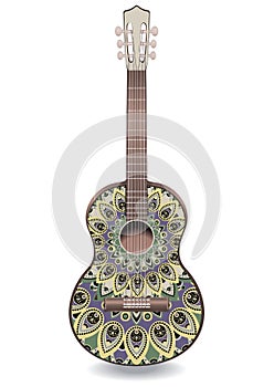 Guitar decorated with ethnic ornaments, design in the style of boho, oriental pattern.