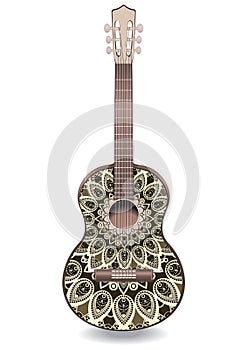 Guitar decorated with ethnic ornaments, design in the style of boho, oriental pattern.