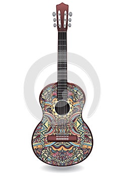 Guitar decorated with ethnic ornaments, design in the style of boho, oriental pattern.