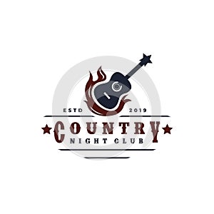 Guitar on fire Country Music Western Vintage Retro Saloon Bar Cowboy logo design