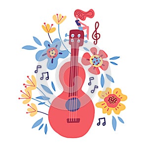 Guitar flat hand drawn vector illustration. Musical instruments store poster design idea. Cartoon guitar with flowers, notes,