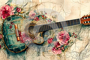 Guitar with floral design on it is leaning against wall with more flowers on it. Generative AI
