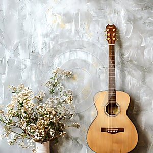 Guitar with flowers on light background