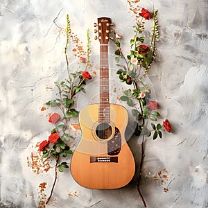 Guitar with flowers on light background