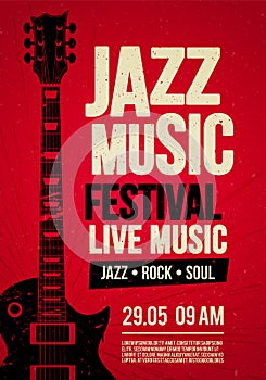 Vector Illustration poster flyer design template for Rock Jazz festival live music event with guitar in retro style on red backgro