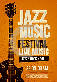 Vector Illustration poster flyer design template for Rock Jazz festival live music event with guitar in retro style on red backgro photo