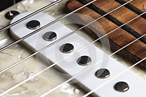 Guitar fretboard with tuning pegs and strings on a gray background. Close-up