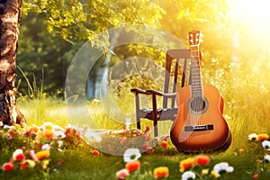 The guitar in the garden with chair and flowers in spring season, the concept: a song about spring, music in colors, Generative AI