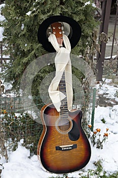 Guitar in a hat and a scarf on snow