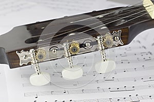 Guitar head closeup on music notes