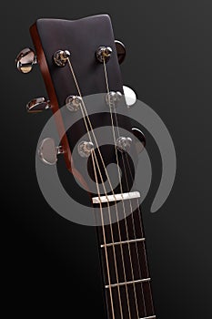 Guitar head with tuning pegs and neck with fingerboard, frets and nut