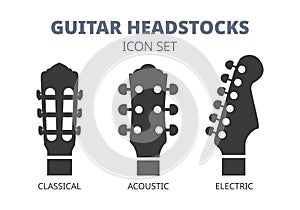 Guitar headstock black icon set. Classical guitar, acoustic guitar, electric guitar. Types of headstock vector illustrations