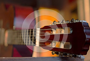 Guitar headstock, close up, with very shallow depth of field
