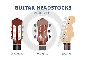 Guitar headstock vector set. Classical guitar, acoustic guitar, electric guitar. Types of headstock vector illustrations