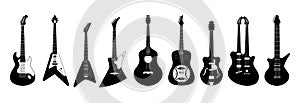 Guitar instruments. Bass, acoustic and electric guitar for rock and jazz music, rockabilly song, black silhouette