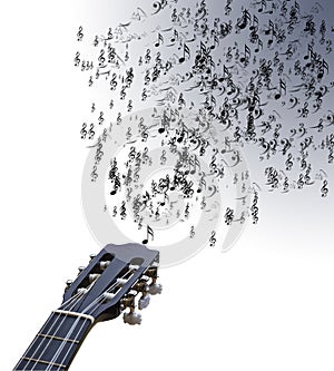 Guitar isolated on white with musical notes