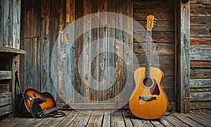 A guitar is leaning against a wooden wall, with a guitar case next to it. The wall is made of wood and has a rustic appe