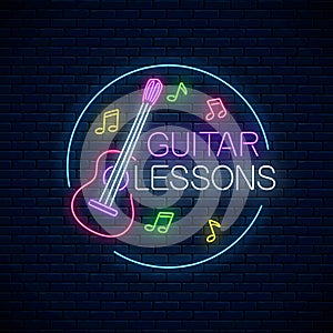 Guitar lessons glowing neon poster or banner template. Guitar training advertising flyer with circle frame in neon style