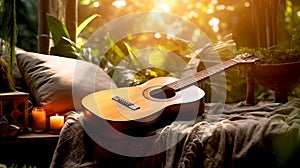 The guitar lies on the sofa with candles in the garden. the concept: a song for meditation, relaxation, music therapy