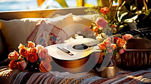 The guitar lies on the sofa with roses and flowers. the concept: a song for meditation, relaxation, Generative AI