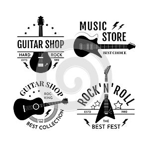 Guitar logo icons. Rock band acoustic music badge, alternative headstock emblem from metal. Musicians equipment. Store