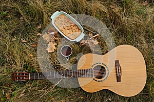 Guitar lying on an autumn green and yellow grass next to a cup of tea and a pie