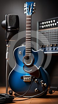 Guitar, microphone and headphones on a music studio background AI Generated