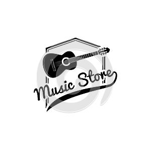 Guitar, music store logo. Musical instrument. emblem, icon, sign. Vector.
