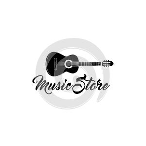 Guitar. Musical instrument. Music store logo label. Music icon. Vector.