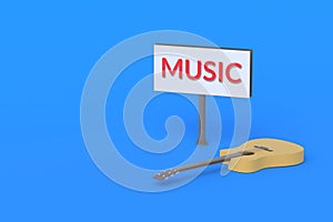 Guitar near billboard with word music. Information, announcement about concert
