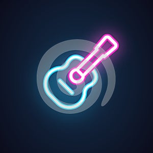 Guitar neon icon. Luminous sign for music shops, nightclub, bars, pubs, concerts. Musical instrument glowing label