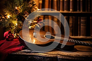 a guitar next to a christmas songbook