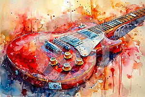 Guitar is painted in red white and blue with yellow background. Generative AI