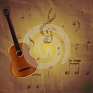 Guitar on paper background with music notes