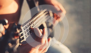 Guitar. Play the guitar. Live music background. Music festival. Instrument on stage and band. Music concept. Electric