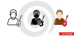 Guitar player guitarist icon of 3 types color, black and white, outline. Isolated vector sign symbol