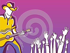 Guitar player illustration. Musician playing guitar country music festival. Vector guitar player man with cowboy hat and fans