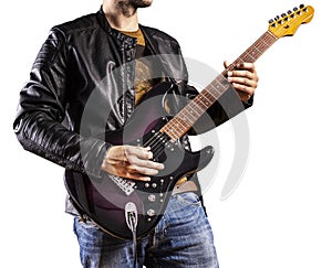 Guitar player isolated on white. Artist and musician performs like rockstar. Rock guitarist plays solo on an electric guitar