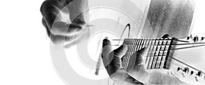 Guitar player playing the guitar. guitarist hands. copy spaces