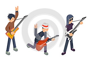 Guitar player popular modern performer isometric 3d icon guitarist hard rock heavy folk pop music flat design vector