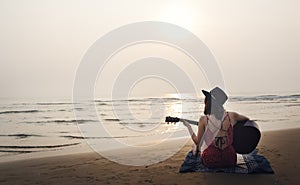 Guitar Playing Girl Beach Relaxation Song Music Concept