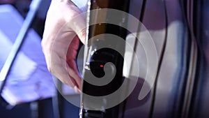 Guitar playing. Guitarist. Man hand and six-string electrical guitar. Close-up of guitarist with guitar