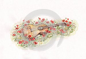 Guitar on poppy field watercolor painting