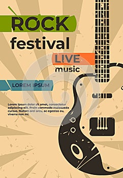 Guitar poster. Music jazz rock concert or party flyer, festival show or event retro grunge card. Vector placard with