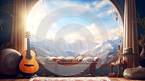 The guitar in the room with snow mountains and blue sky of the heaven Generative AI