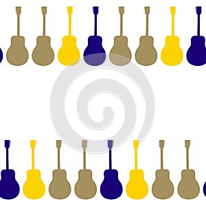 Guitar seamless border. Stringed musical instrument. Vector illustration of colored guitar on a white background. Space for text