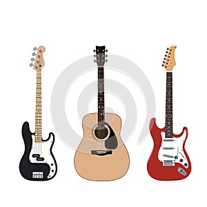 Guitar set. Bass guitar, acoustic guitar and electric guitar on a white background. Flat style