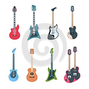 Guitar set. Flat electric and acoustic string music instruments of different types. Vector guitars isolated in white