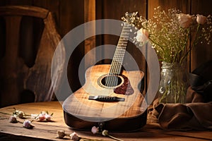 a guitar with sheet music on a wooden table