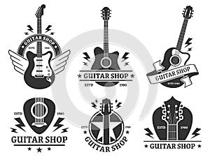 Guitar shop badges. Custom guitars shop emblem, guitar headstock and music instruments store badge vector illustration